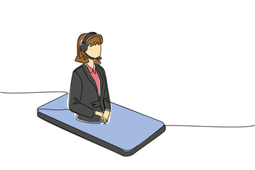 Single continuous line drawing female customer support wearing headphones coming out of smartphone screen. Advanced application. International Customer Support Day. One line design vector illustration
