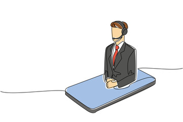 Single continuous line drawing male customer support wearing headphones coming out of smartphone screen. Leveraging technology. International Customer Support Day. One line design vector illustration