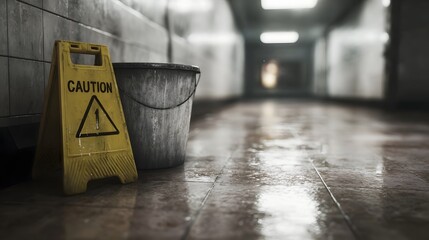 A yellow caution sign and a mop bucket are placed on a wet tiled hallway floor indicating a slippery hazard