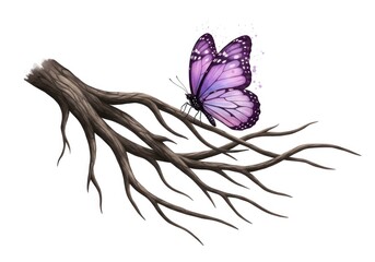 Watercolor illustration of a vibrant purple butterfly perched on a detailed brown branch