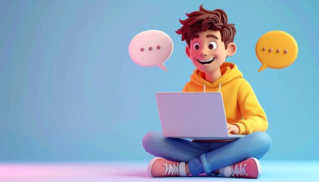 Cartoon Illustration of a Boy Using a Laptop and Chatting with Speech Bubbles - Powered by Adobe