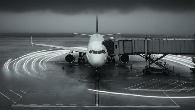 Airplane serviced on apron black anc white vision