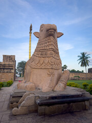The sacred Nandi bull stands prominently at Gangaikonda Cholapuram temple, built by Rajendra Chola I in 11th century as his victory monument.
