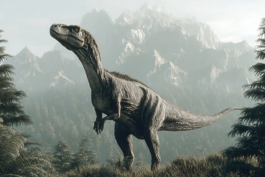 Afrovenator predator in a prehistoric landscape of forests and mountains