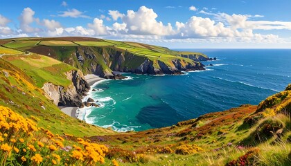 Coastal Landscape with Cliffs, Ocean, and Lush Vegetation under a Blue Sky