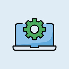 Laptop with gear icon representing software development computer maintenance technology setup and digital system
