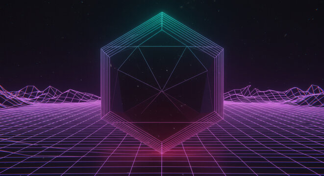 Abstract digital cube and wireframe landscape in synthwave style with transparent background - Powered by Adobe