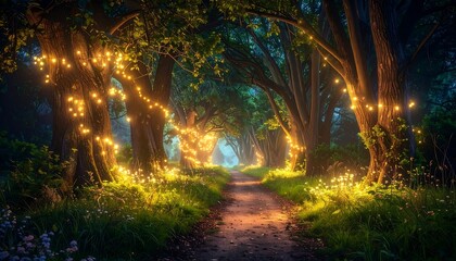 Obraz premium Enchanted Forest Path Illuminated by Fairy Lights at Night.