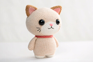 Handmade crochet cat amigurumi in beige tones featuring pink inner ears, coral collar, embroidered whiskers, pink nose, glossy black eyes, charming smile expression.
