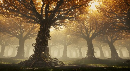Golden Forest A Whimsical Woodland Scene with Trees