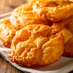 Close-up of golden fried dough pastries on a cloth