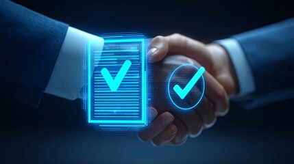 business handshake with translucent contract overlay and approval check icon, corporate agreement, copyspace