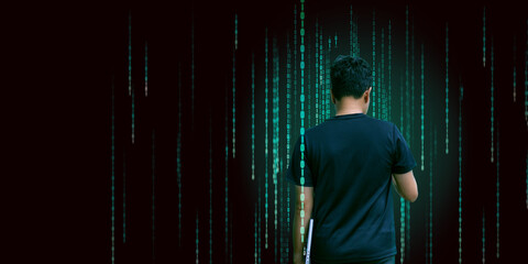 A human use phone, hold laptop and show Ai Safety, Ai ethics, cybersecurity, generative AI, technology, big data concept