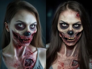 Two portraits of a woman with zombie makeup, showcasing gruesome details like exposed teeth and wounds.