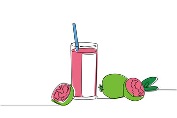 Single continuous line drawing a glass of guava juice with a straw in the glass and pieces of guava. Control blood sugar levels. Fresh. National Juice Slush Day. One line design vector illustration