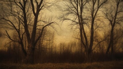 Bare trees silhouette against a hazy golden sunset in the forest.