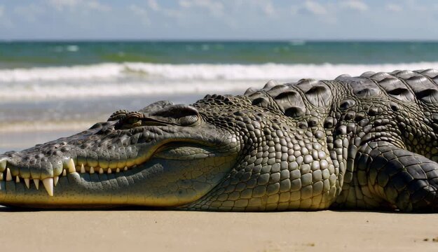 Close view of a crocodile on the sand with jaws and scales detailed