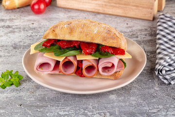 Ciabatta with mortadella, tomato, cheese and spinach