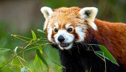 Close-up of a red panda eating bamboo leaves