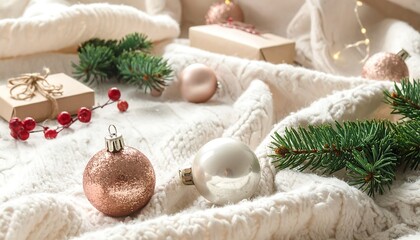 Christmas Decorations on a Cozy White Blanket, Festive Holiday Season