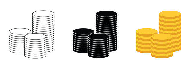 Stack of Coins Vector Illustration – Gold Money, Currency Symbol, Finance and Investment Icon Set in Line, Solid and Flat Style