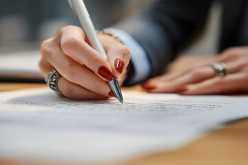 Woman hand writing with pen on paper document contract signing in office environment close up