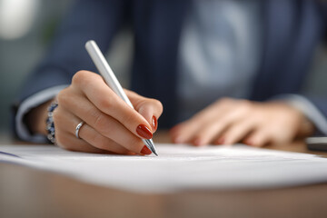 Fototapeta premium Woman signing documents with a pen on a desk in an office environment for business purposes