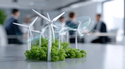 executive reviewing sustainability report with renewable energy icons hovering, modern boardroom, copyspace