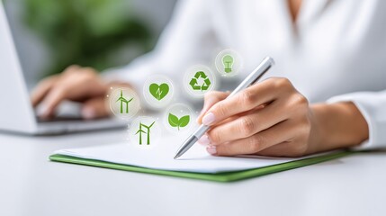 executive reviewing sustainability report with renewable energy icons hovering, modern boardroom, copyspace