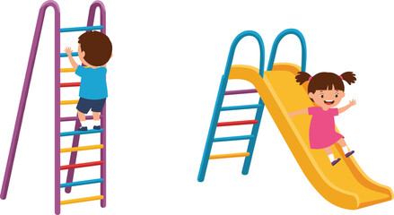 Cartoon illustration of happy little boy climbing colorful playground ladder and smiling girl sliding down yellow slide during fun playtime.