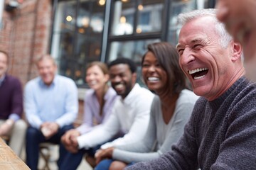 portrait of multicultural team laughing outdoors, natural light, copyspace for marketing text
