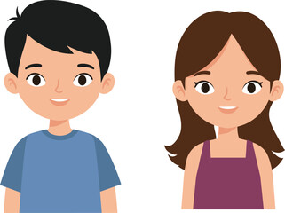 Cartoon illustration of smiling boy with black hair wearing blue shirt and happy girl with brown hair wearing purple dress.