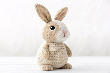 Obraz premium Handmade knitted rabbit toy in neutral beige with textured stitching, one visible eye, pink nose detail, sitting sideways in three-quarter view angle.