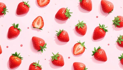 A colorful, high-angle, overhead view of ripe, red berries with green stems, whole and sliced, scattered on a light pink background