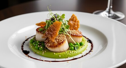 Gourmet seared scallops served atop vibrant pea puree with delicate garnishes