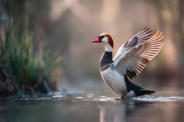 Fototapeta premium Ruddy shelduck stretching wings in shallow water with blurred vegetation background outdoors