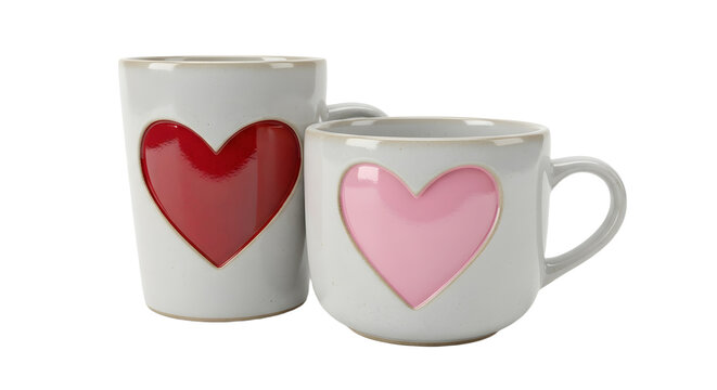 Pair of White Ceramic Mugs with Red and Pink Heart Designs on White Background - Powered by Adobe