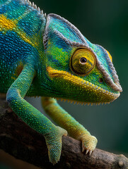 Obraz premium Colorful chameleon gripping a branch with its feet showcasing vibrant skin in natural habitat