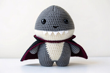 Cute crocheted shark character wearing dark cape with burgundy trim, featuring white belly with triangular teeth pattern and friendly black button eyes.