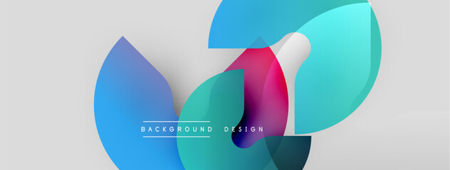 Abstract shapes overlap, creating vibrant color gradients. Modern design elements suggest fluidity, innovation, dynamic composition.