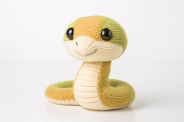 Fototapeta premium Charming green-yellow crochet snake amigurumi, two-toned coloring, cream belly with ridged texture, friendly facial features, coiled resting position, handcrafted stuffed toy.