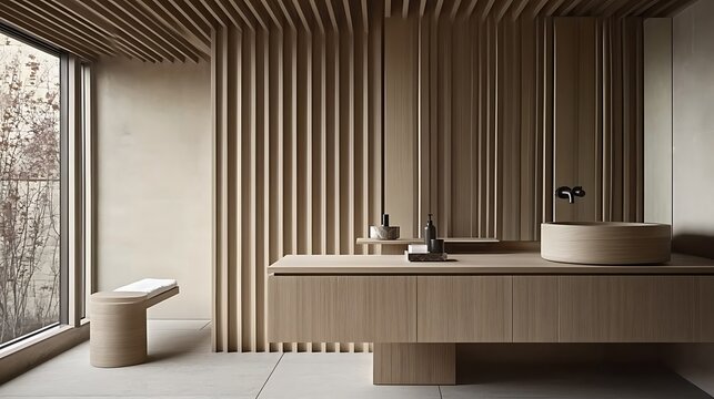 Minimalist bathroom design featuring natural wood elements, clean lines, and a serene atmosphere for a spalike experience and relaxation