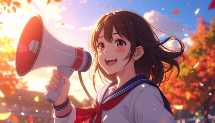 夕焼けに叫ぶセーラー服の美少女　青春アニメ風イラスト