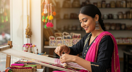 Smiling woman weaving fabric by hand in traditional craft store