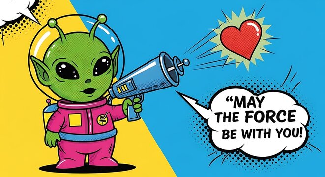 Cartoon Alien with Ray Gun and Heart in Pop Art Style.