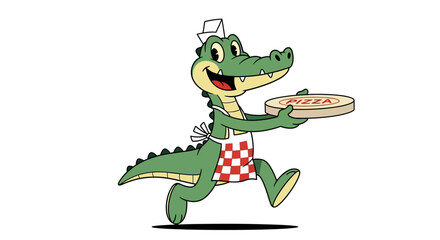 Cartoon Alligator Chef Delivering Pizza with a Smile, Vector Illustration for Kids