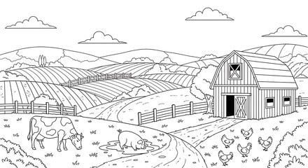 Obraz premium Detailed Farm Scene Coloring Page with Animals and Barn.