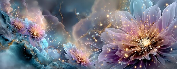 Fototapeta premium Vibrant cosmic flowers with shimmering details. Abstract Spiritual Background Watercolor Splash Abstract Spiritual Background Sacred Aura Abstract Spiritual Background Soft Gradient