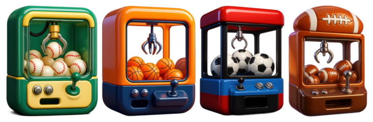 PNG Colorful sports-themed claw machines, element set on transparent background