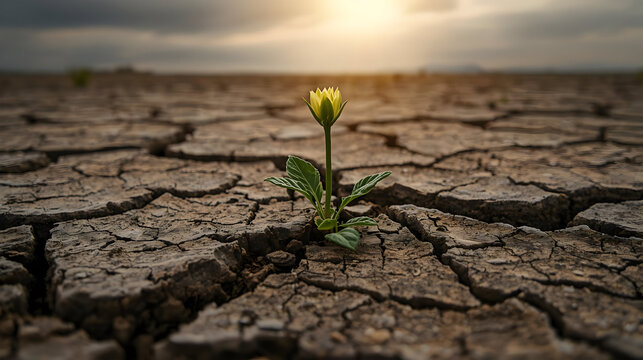 Resilience of New Life: A tenacious sprout pushes through cracked earth, symbolizing the enduring strength of life and the promise of renewal under a dramatic sky.